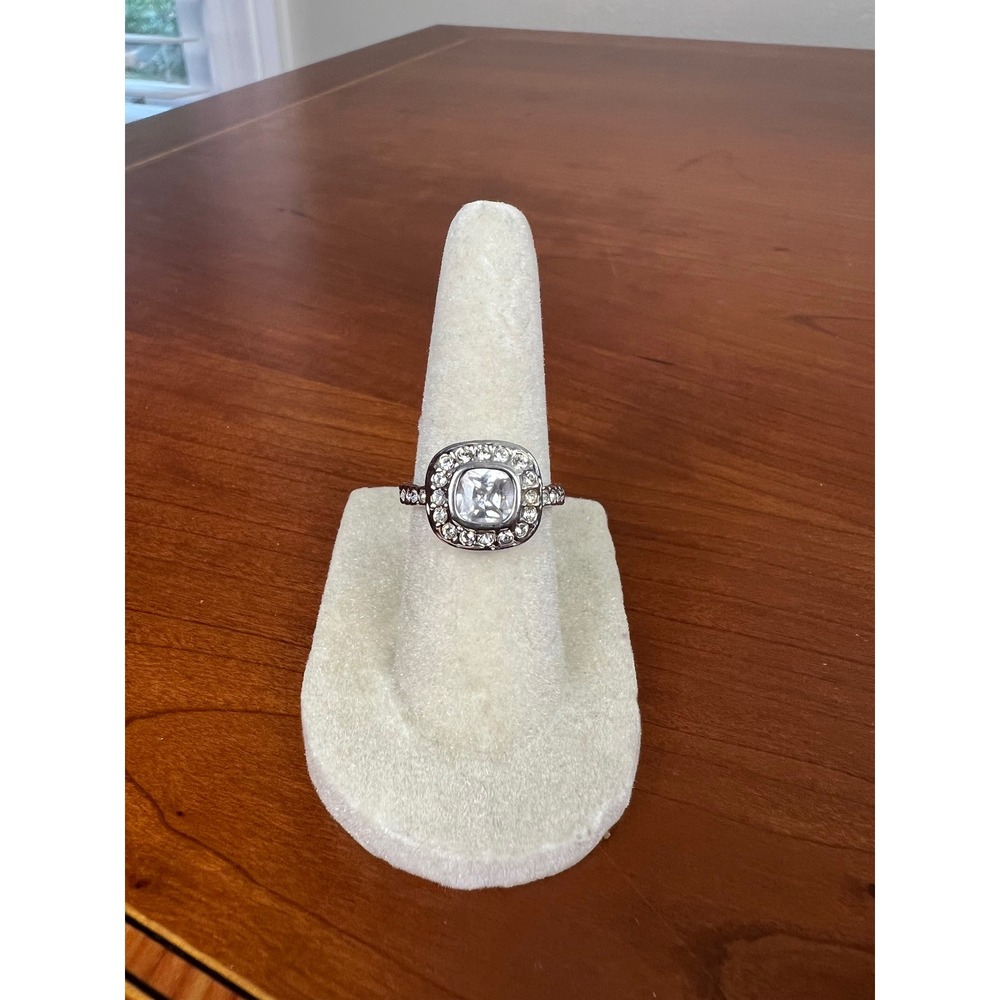 Vintage Style Silver Tone Cushion Cut Halo Cocktail Ring Size 6 Clear Stone